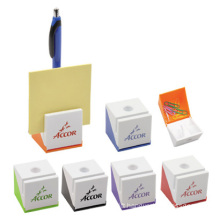 Stationery office desktop brand logo print solid white base Plastic cubic square name card stand clip holder ballpoint pen rack